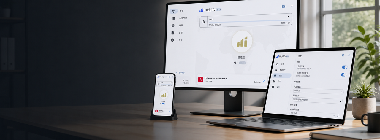 桌面显示器、手机和笔记本电脑上展示 Hiddify 应用界面