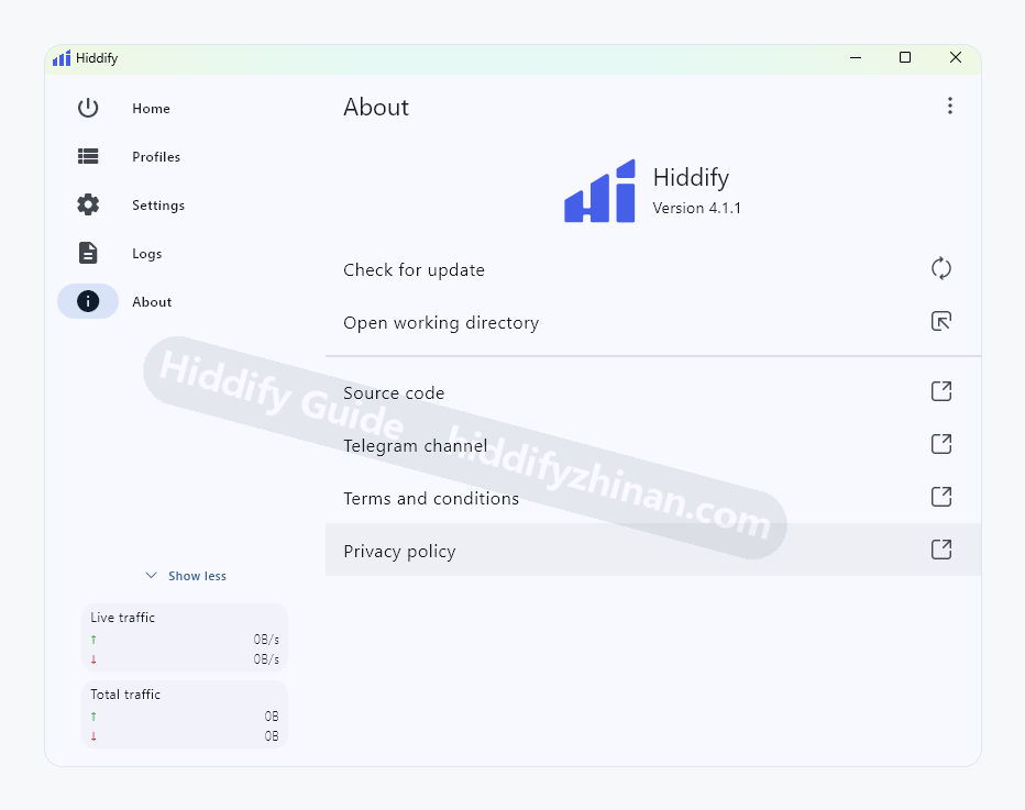 Hiddify About page showing the installed version and project links