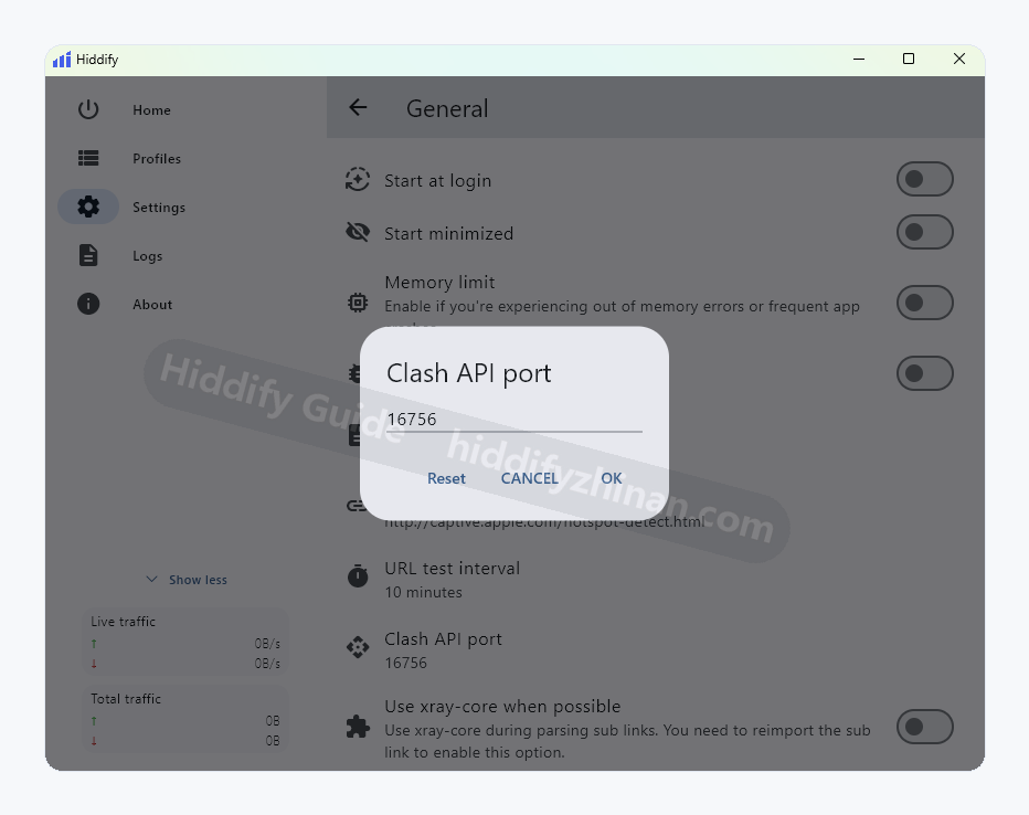 Hiddify Clash API port dialog showing the current port and confirmation actions