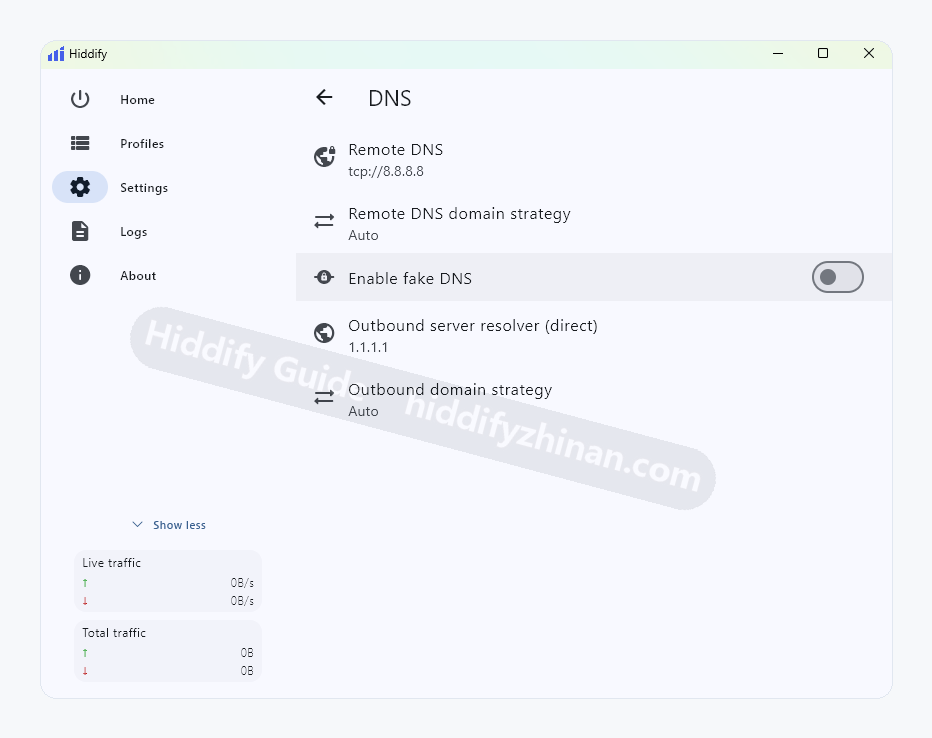 Hiddify DNS settings with remote DNS, fake DNS, and direct resolver options