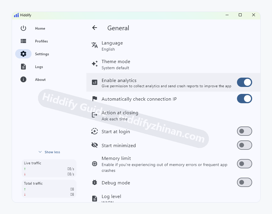Upper Hiddify General settings with language, startup, and debug controls