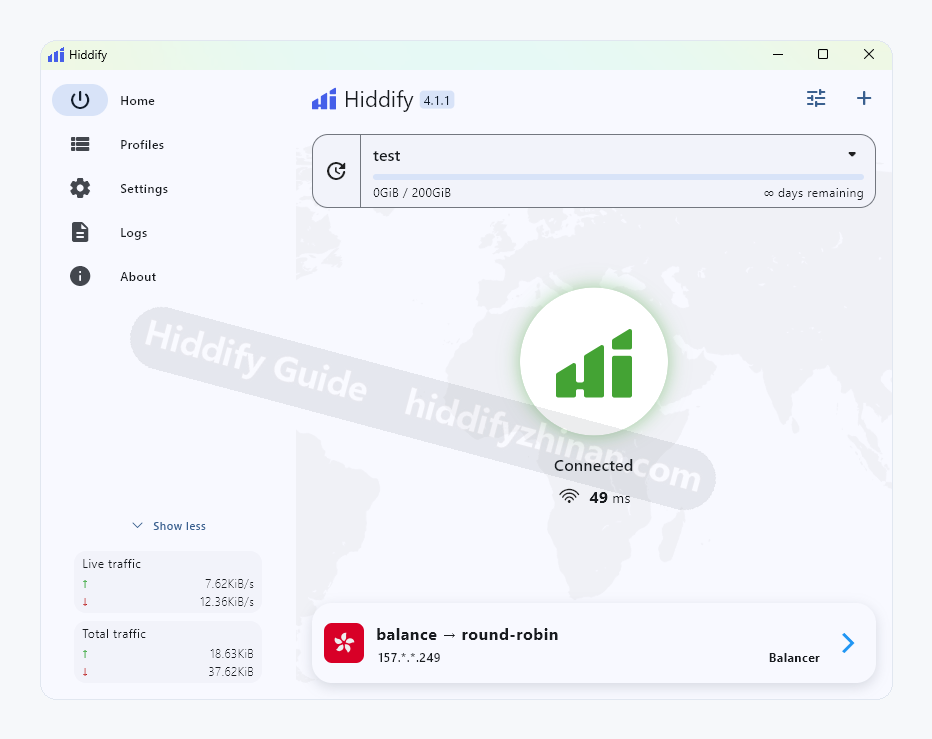 Hiddify dashboard showing Connected status, latency, and the selected proxy