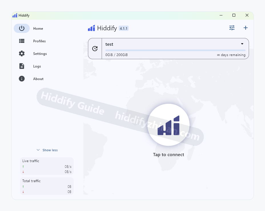 Hiddify dashboard with a loaded profile and Tap to connect state