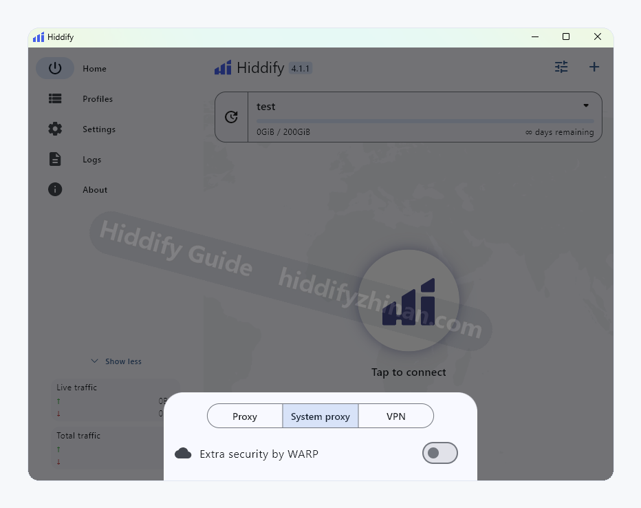 Hiddify mode selector with Proxy, System proxy, and VPN options