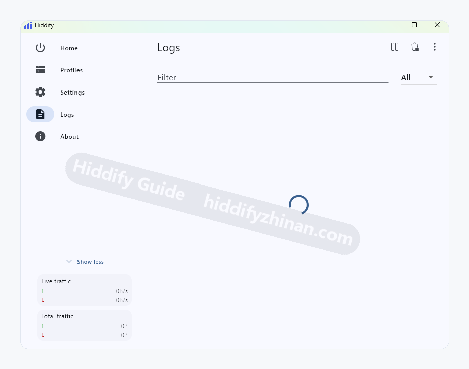 Hiddify Logs page with filter, level, pause, and clear controls