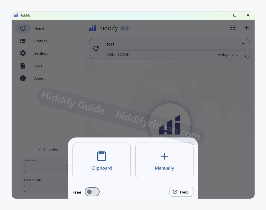 Hiddify add-profile sheet with Clipboard and Manually actions