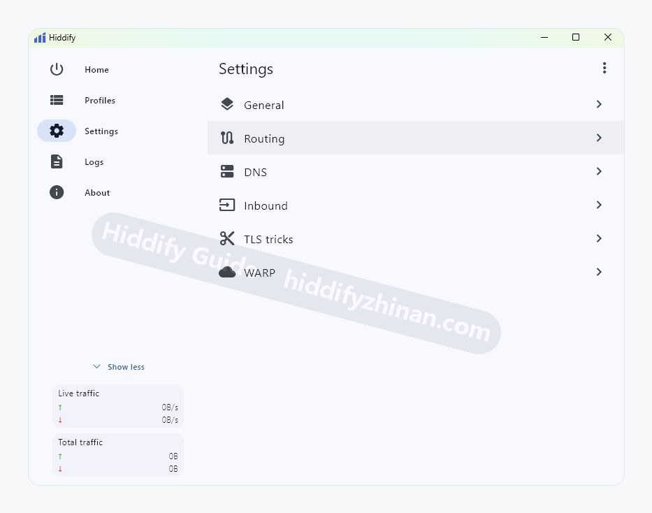 Hiddify Settings index listing General, Routing, DNS, Inbound, TLS tricks, and WARP