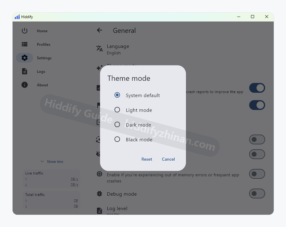Hiddify Theme mode dialog with System default, Light, Dark, and Black options