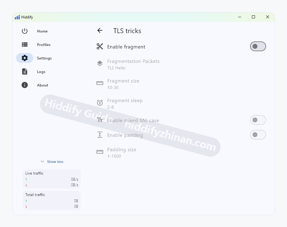 Hiddify TLS tricks with fragmentation, mixed-case SNI, and padding options