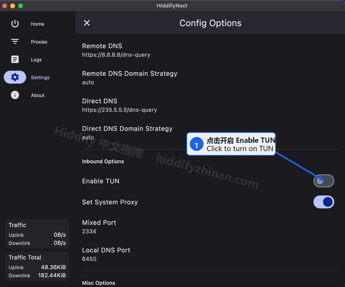 Hiddify 官方旧版设置页用箭头标出 Enable TUN 开关