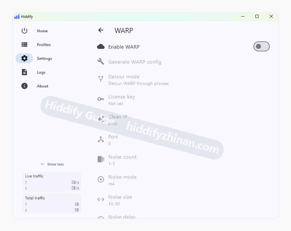 Hiddify WARP settings with configuration, routing, port, and noise controls