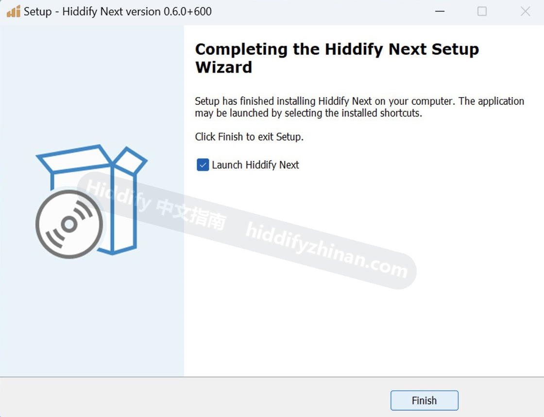 Hiddify 官方旧版 Windows 安装向导完成页,显示启动选项和 Finish 按钮