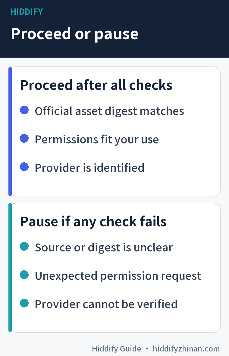 Decision card for continuing or pausing use of a Hiddify setup